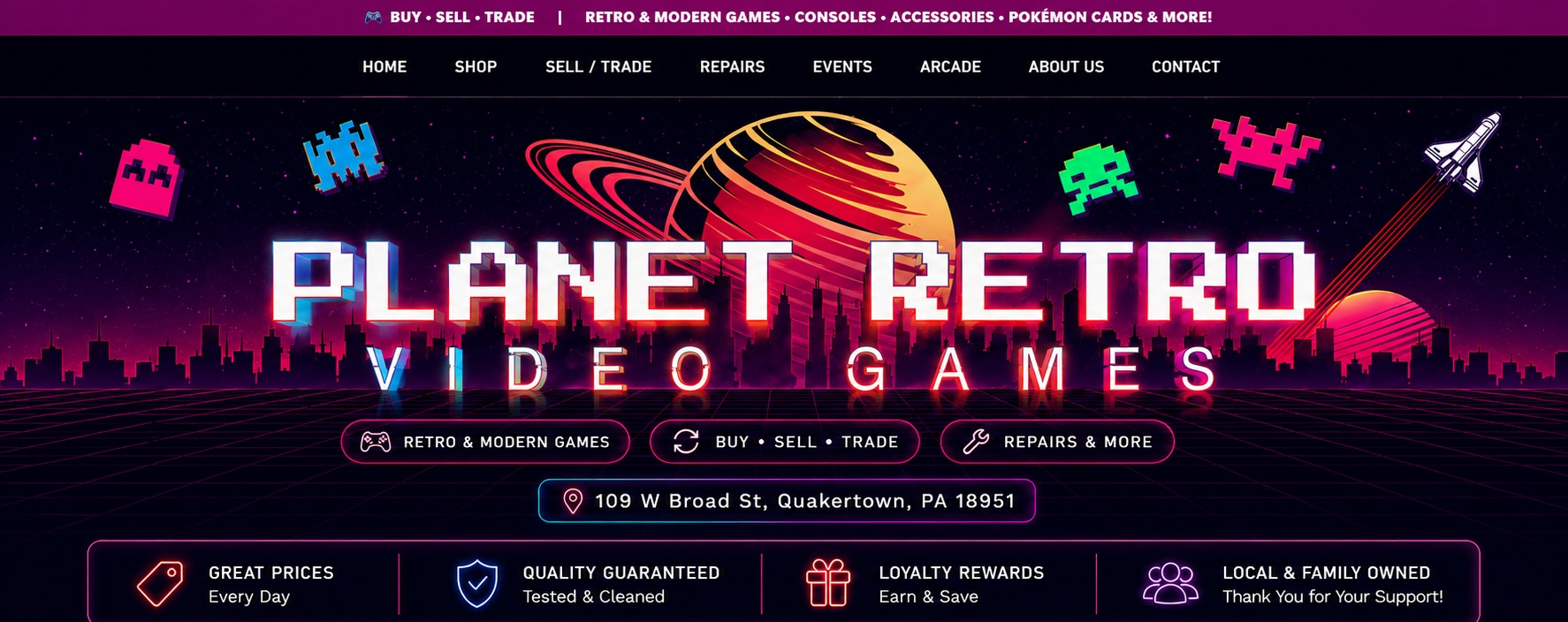 Planet Retro Video Games neon retro website header